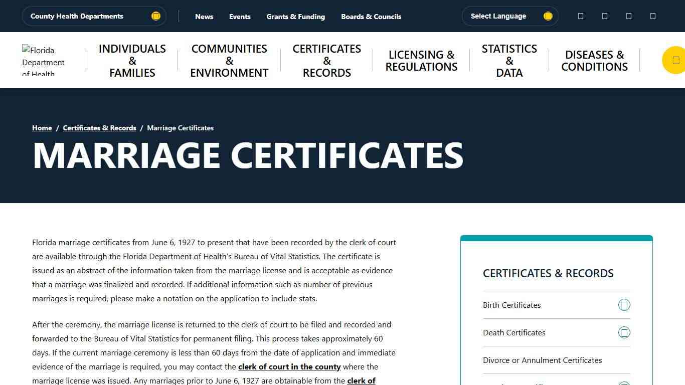 Marriage Certificates - Florida Department of Health